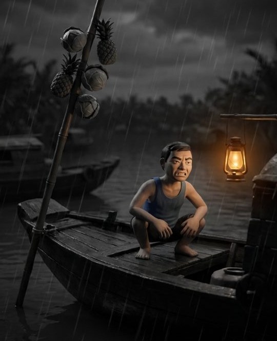 Bến sông đêm phong cách claymation — ghe treo cây bẹo khóm, đèn dầu, người bán hàng rong