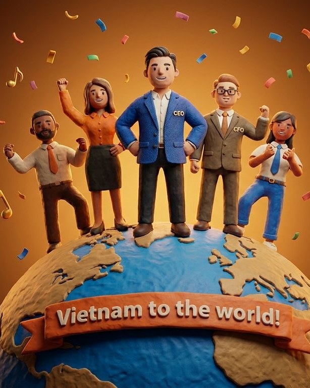 Đội ngũ BizOn đứng trên quả địa cầu đất sét — biểu ngữ Vietnam to the world